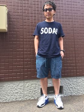 「SODAのアイテム（トップス）」を使った、黒烏龍さん（メンズ・161cm）の夏コーディネート