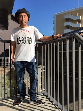 「Moonage Devilment（ムーンエイジデビルメント）のアイテム（キャスケット）」を使った、黒烏龍さん（メンズ・161cm）の夏コーディネート