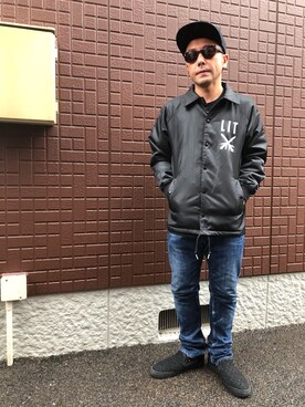 「Moonage Devilment（ムーンエイジデビルメント）のアイテム（キャップ）」を使った、黒烏龍さん（メンズ・161cm）の秋コーディネート