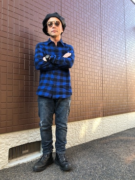「Moonage Devilment（ムーンエイジデビルメント）のアイテム（キャスケット）」を使った、黒烏龍さん（メンズ・161cm）の秋コーディネート