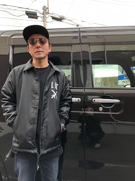 「Moonage Devilment（ムーンエイジデビルメント）のアイテム（キャップ）」を使った、黒烏龍さん（メンズ・161cm）の冬コーディネート