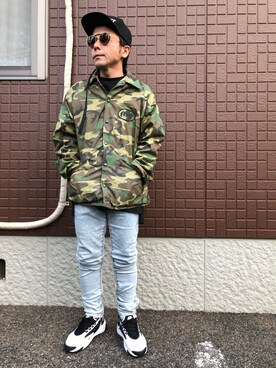 「Moonage Devilment（ムーンエイジデビルメント）のアイテム（キャップ）」を使った、黒烏龍さん（メンズ・161cm）の冬コーディネート