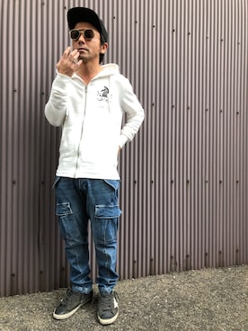 「Moonage Devilment（ムーンエイジデビルメント）のアイテム（キャップ）」を使った、黒烏龍さん（メンズ・161cm）の秋コーディネート