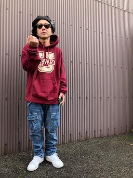 「Moonage Devilment（ムーンエイジデビルメント）のアイテム（キャスケット）」を使った、黒烏龍さん（メンズ・161cm）の冬コーディネート