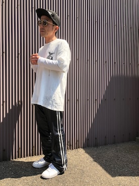 「Moonage Devilment（ムーンエイジデビルメント）のアイテム（キャップ）」を使った、黒烏龍さん（メンズ・161cm）の春コーディネート
