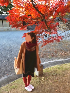 「赤タイツ」｜Ami🌺さん（レディース・163cm）の秋コーディネート