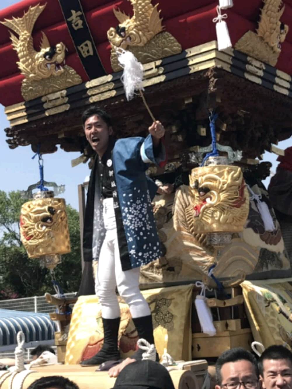 「祭り、祭コーデ、肌ウーノ、休日スタイル、PR、法被、だんじりパッチ、鯉口シャツ」｜「御坂神社のアイテム（その他アウター、グリーン系）」を使った、morikoさん（メンズ・167cm）の春コーディネートの1枚目の写真