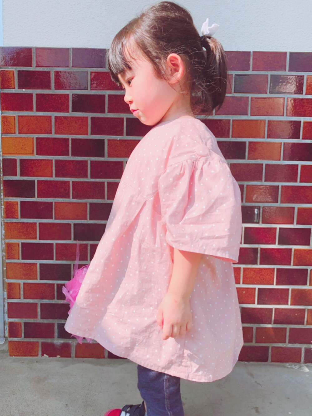 「女の子、おしゃれさんと繋がりたい、ハンドメイド、幼稚園コーデ、水玉、むすめ服」｜「Handmadeのアイテム（ワンピース/ドレス、ピンク系）」を使った、R★Yさん（キッズ・90cm）の秋コーディネートの1枚目の写真