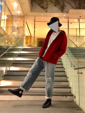 「EDWIN（エドウィン）のアイテム（帽子）」を使った、sacckさん（メンズ・187cm）の秋コーディネート