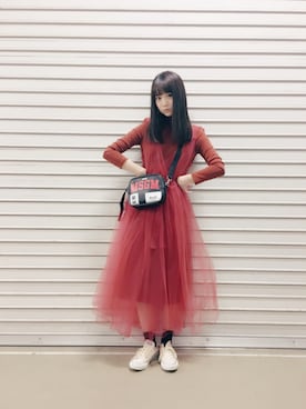 「Ameri（アメリ）のアイテム（ドレス）」を使った、浜田翔子さん（レディース・157cm）の冬コーディネート