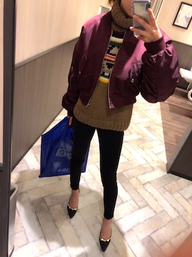 「ワインレッド」｜「アイテム（MA-1）」を使った、ainaさん（レディース・166cm）の冬コーディネート
