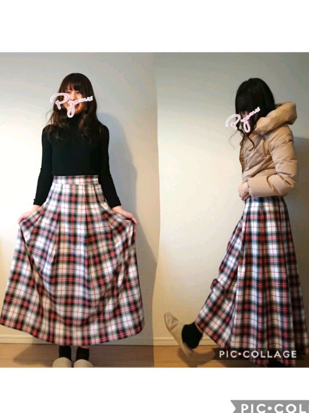 「お洒落さんとつながりたい、今日のコーデ、甘辛mix、ローリーズファーム、UNIQLO、ユニクロ、ViS、ダウンコーデ、タータンチェック、おんなっぽカジュアル」｜「LOWRYS FARMのアイテム（スカート、ホワイト系）」を使った、ぴょんきちさん（レディース・165cm）の冬コーディネートの1枚目の写真