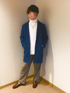 「ワイドスラックス」｜「アイテム（チェスターコート）」を使った、taaaamさん（メンズ・179cm）の冬コーディネート