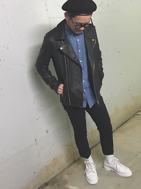 「カラーサングラス」｜「アイテム（ライダースジャケット）」を使った、다이고(ダイゴ)さん（メンズ・169cm）の冬コーディネート