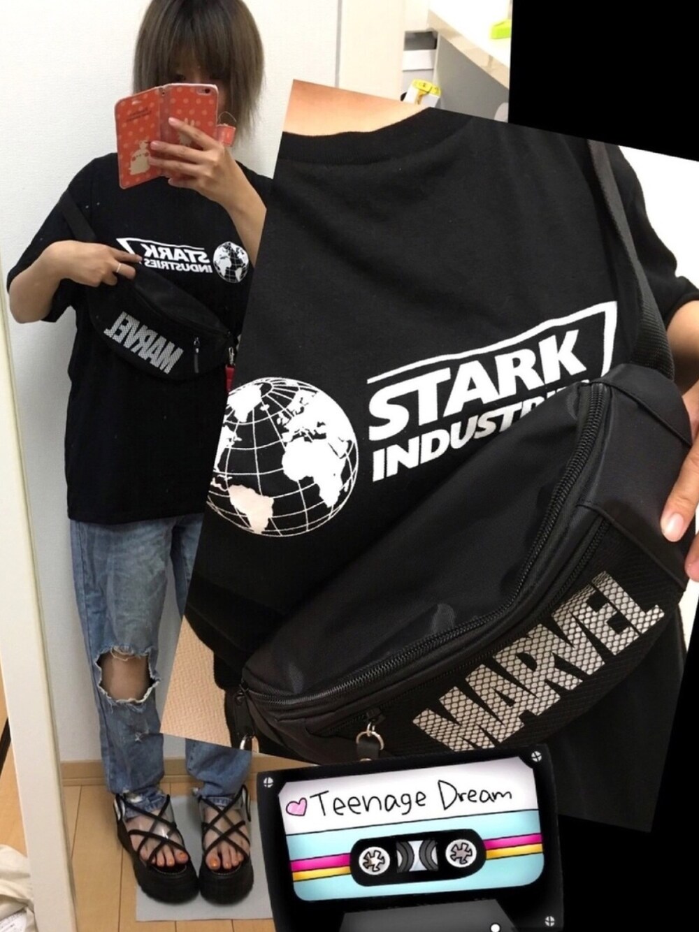 「アベンジャーズ、エンドゲーム、マーベル、映画、マーベルTシャツ、夏コーデ、映画コーデ、ダメージデニムパンツ、ダメージデニム」｜「MARVELのアイテム（Tシャツ/カットソー、ブラック系）」を使った、ちゃそさん（レディース・156cm）の夏コーディネートの1枚目の写真