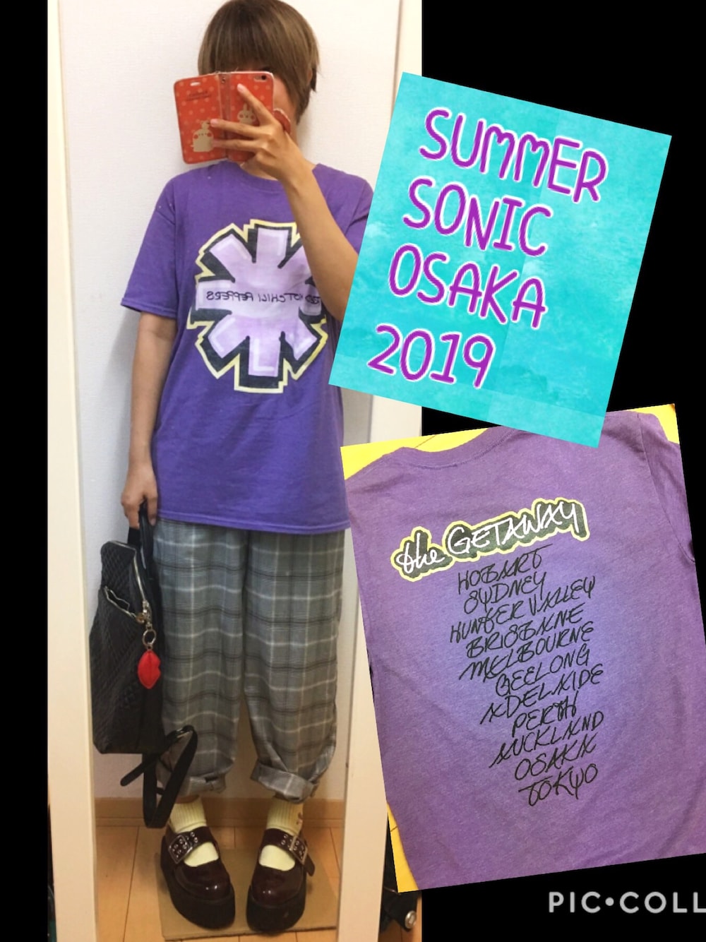 「サマーソニック、サマソニ、バンドTシャツ、レッチリ、RED HOT CHILI PEPPERS、今更感、夏コーデ、バンドT」｜「red hot chili peppersのアイテム（Tシャツ/カットソー、パープル系）」を使った、ちゃそさん（レディース・156cm）の秋コーディネートの1枚目の写真