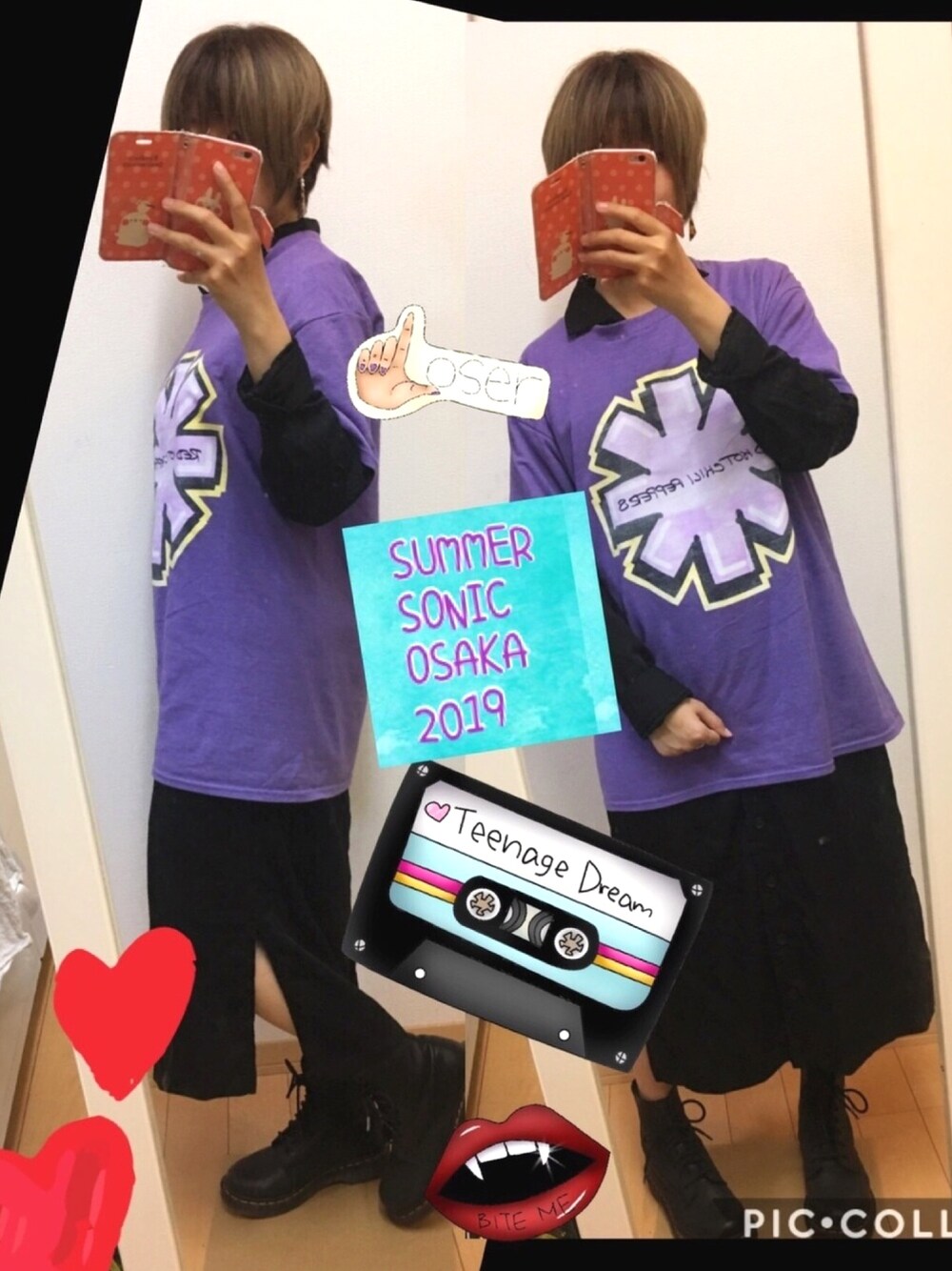 「レッチリ、RED HOT CHILI PEPPERS、バンドT、バンドTシャツ、パープル、シャツワンピ、黒ワンピ、Dr.Martens」｜「red hot chili peppersのアイテム（Tシャツ/カットソー、パープル系）」を使った、ちゃそさん（レディース・156cm）の秋コーディネートの1枚目の写真