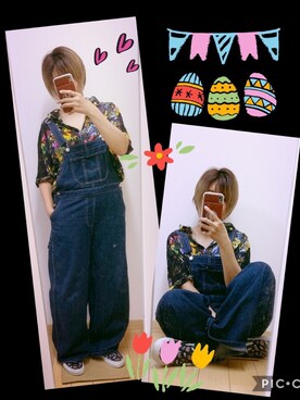 「SpRay（スプレイ）のアイテム（オールインワン・サロペット）」を使った、ちゃそさん（レディース・156cm）の秋コーディネート