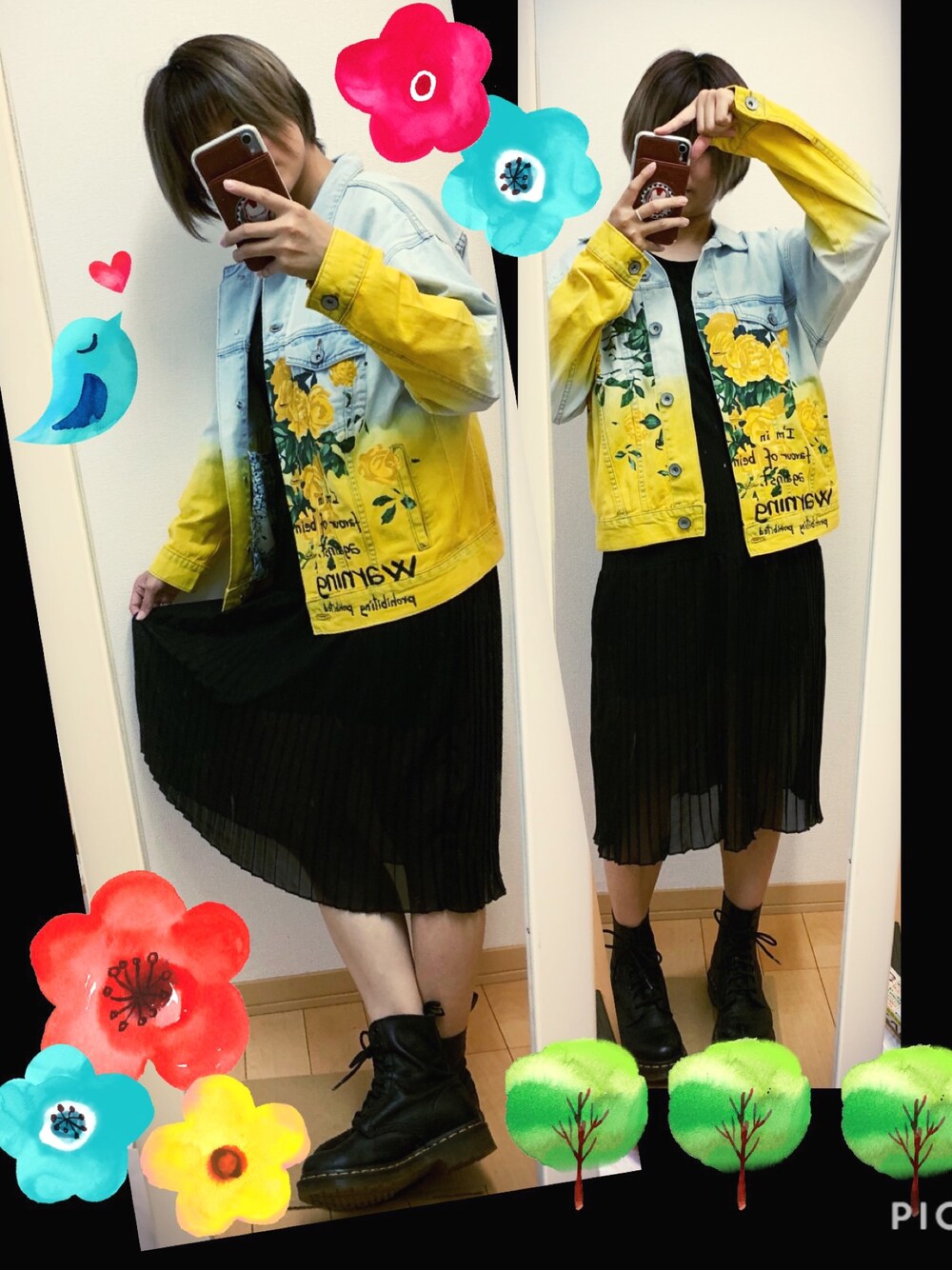 「デニムジャケット、花柄、デシグアル、Desigual、黒ワンピース、ワンピース、Dr.Martens、ブーツ」｜「Desigualのアイテム（デニムジャケット、イエロー系）」を使った、ちゃそさん（レディース・156cm）の秋コーディネートの1枚目の写真