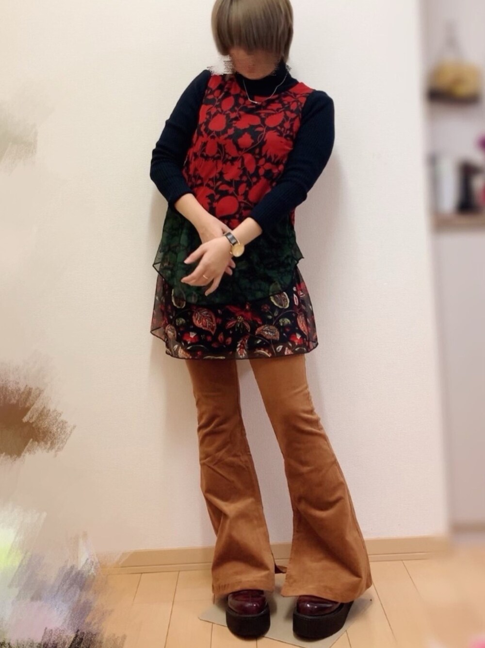 「jouetie、Desigual、デシグアル、ジュエティ、YOSUKE、Klasse14、ワンピース、ハイネック、コーデュロイパンツ、年末WEAR感謝祭」｜「Desigualの「Desigual/デシグアル」ワンピース・ドレス（ワンピース、レッド系）」を使った、ちゃそさん（レディース・156cm）の冬コーディネートの1枚目の写真
