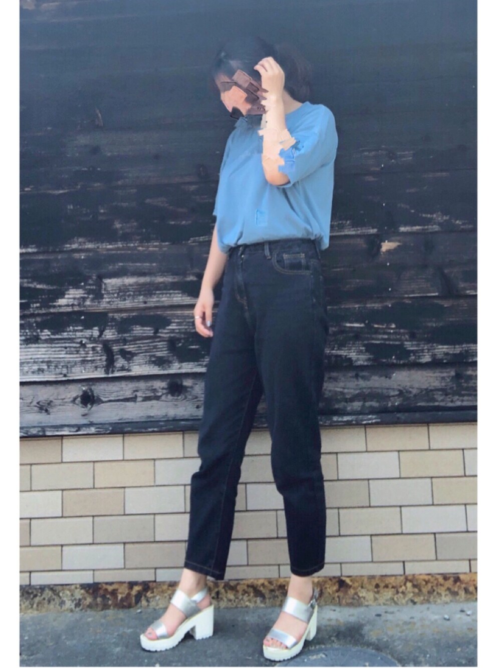 「プチプラ、しまむら、大学生コーデ」｜「しまむらのアイテム（Tシャツ/カットソー、ブルー系）」を使った、himawaさん（レディース・158cm）の夏コーディネートの1枚目の写真