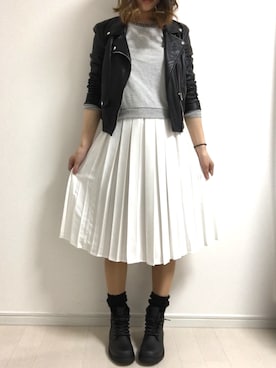「長靴」｜「アイテム（ライダースジャケット）」を使った、まろ(MARO)さん（レディース・165cm）の春コーディネート