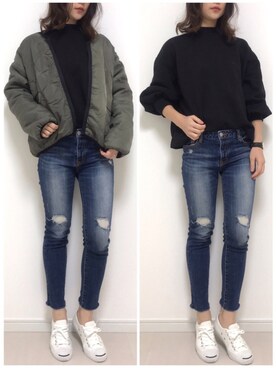 「リバーシブル」｜「アイテム（ミリタリージャケット）」を使った、まろ(MARO)さん（レディース・165cm）の冬コーディネート
