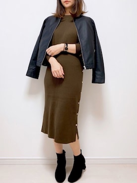 「リブニット」｜「アイテム（ライダースジャケット）」を使った、まろ(MARO)さん（レディース・165cm）の秋コーディネート