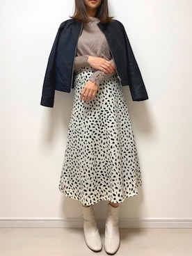 「スクエアトゥ」｜「アイテム（ライダースジャケット）」を使った、まろ(MARO)さん（レディース・165cm）の冬コーディネート