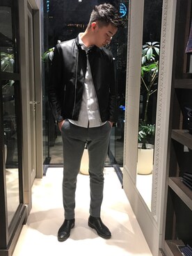 「ジャージーパンツ」｜「アイテム（ライダースジャケット）」を使った、gotohidekiさん（メンズ・183cm）の冬コーディネート