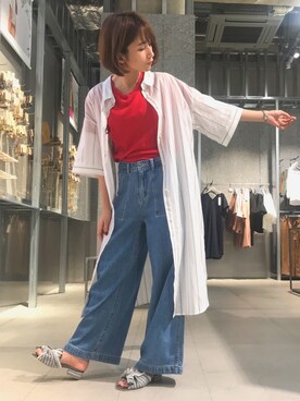 「koe（コエ）の・テレコクルーネック半袖プルオーバー（T Shirts、レッド系）」を使った、おさむ〜さん（レディース・156cm）の春コーディネート