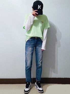 「GUCCI（グッチ）のGucci - ダブルg ベルト - women - レザー/metal - 85（ベルト）」を使った、RURURUKIAさん（レディース・165cm）の春コーディネート