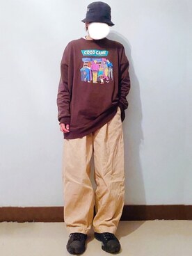 「MONO-MART（モノマート）のシルケットライク天竺 オーバーサイズイラストプリントL/Sカットソー/バックプリント（Tシャツ/カットソー）」を使った、RURURUKIAさん（レディース・165cm）の秋コーディネート