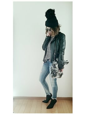 「Ungrid（アングリッド）のフレイドヘムストスリ（デニムパンツ）」を使った、umakoさん（レディース・163cm）の冬コーディネート