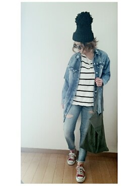 「Ungrid（アングリッド）のフレイドヘムストスリ（デニムパンツ）」を使った、umakoさん（レディース・163cm）の春コーディネート