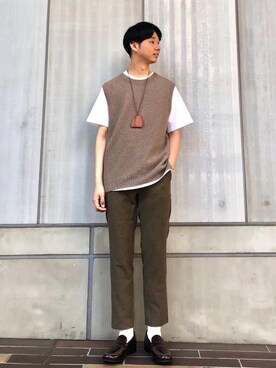 「green label relaxing（グリーンレーベルリラクシング）のBC レザー ローファー（ローファー、ブラウン系）」を使った、河本雄大さんの春コーディネート