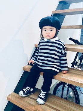 「H&M（エイチ・アンド・エム）のアイテム（シャツ/ブラウス、ホワイト系）」を使った、mikさん（キッズ・80cm）の春コーディネート