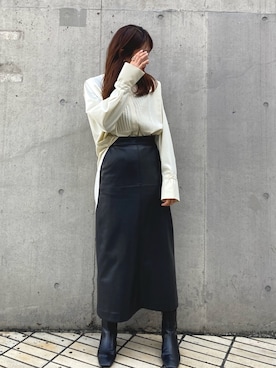 「レザースカート」｜RIHOさん（レディース・160cm）の冬コーディネート
