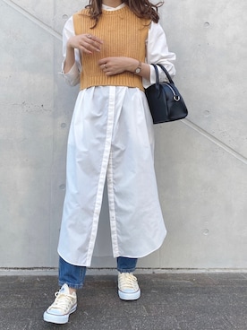 「アイテム（ワンピース/ドレス、ベージュ系）」を使った、RIHOさん（レディース・160cm）の春コーディネート