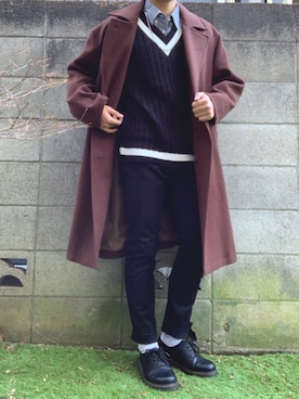 「JUNRED（ジュンレッド）のアイテム（チェスターコート）」を使った、まーさん（メンズ・172cm）の冬コーディネート
