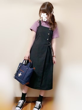 「パープル×黒」｜「アイテム（オールインワン・サロペット）」を使った、シュガーラブ⑅さん（レディース・157cm）の春コーディネート