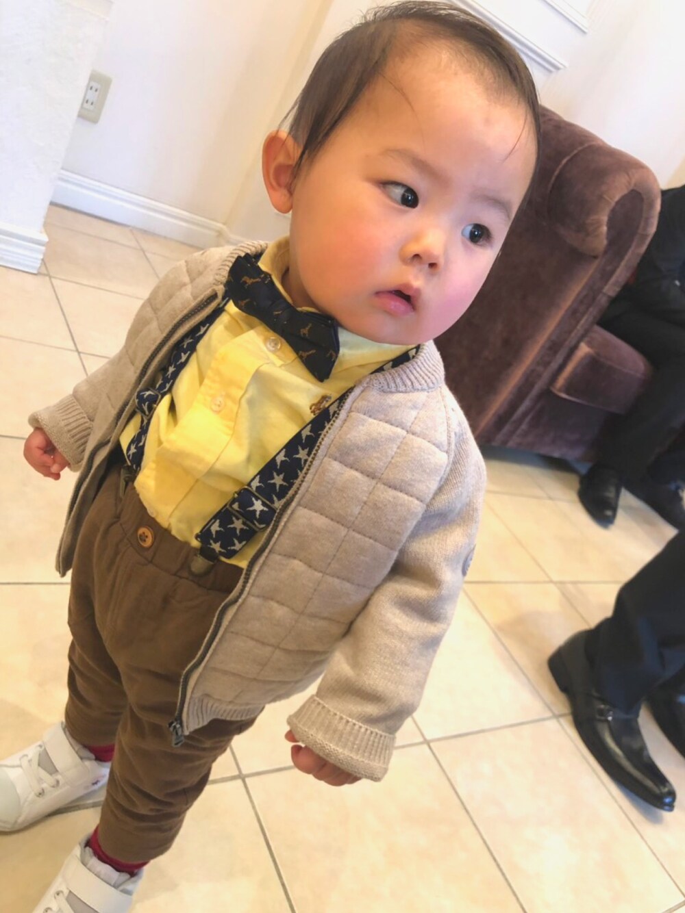 「結婚式、お呼ばれコーデ、一歳男の子、男の子」｜「ZARA KIDSのアイテム（ブルゾン、ベージュ系）」を使った、りんたろさん（キッズ・80cm）の冬コーディネートの1枚目の写真