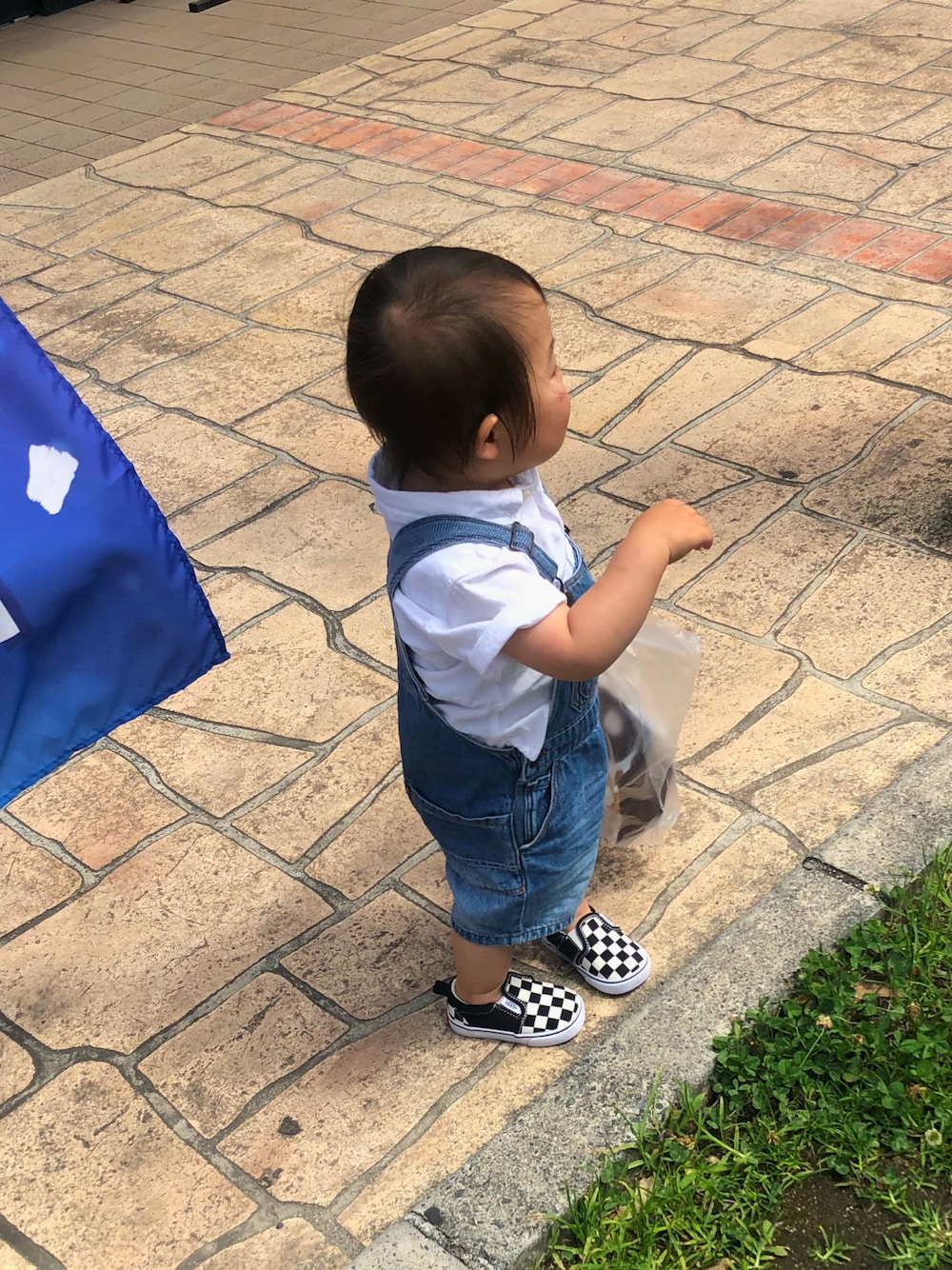 「カジュアルコーデ、kids、男の子コーデ、夏、おしゃれさんと繋がりたい、90cm、デニム、オーバーオール、VANS、1歳半」｜「B:MING by BEAMSのビーミング by ビームス / 半袖クリーンシャツ（シャツ/ブラウス、ホワイト系）」を使った、りんたろさん（キッズ・80cm）の夏コーディネートの1枚目の写真
