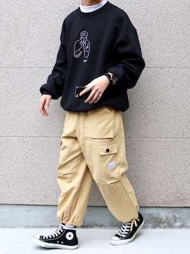 「アイテム（カーゴパンツ、イエロー系）」を使った、あめさん（メンズ・174cm）の春コーディネート