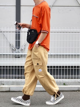 「アイテム（カーゴパンツ、イエロー系）」を使った、あめさん（メンズ・173cm）の夏コーディネート