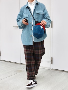 「go slow caravan（ゴースローキャラバン）のアイテム（キャップ）」を使った、あめさん（メンズ・173cm）の冬コーディネート