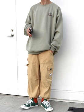 「アイテム（カーゴパンツ、イエロー系）」を使った、あめさん（メンズ・174cm）の冬コーディネート