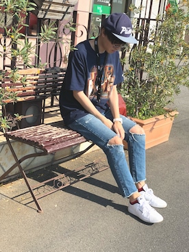 「古着のアイテム（Tシャツ/カットソー、ブルー系）」を使った、いーわさん（メンズ・176cm）の夏コーディネート