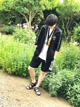 「古着のアイテム（ジャケット/アウター、ブラック系）」を使った、いーわさん（メンズ・176cm）の夏コーディネート