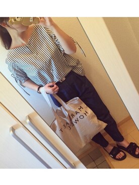 「GLOBAL WORK（グローバルワーク）のTRキュプラVネックブラウス半袖/784191（シャツ/ブラウス、その他）」を使った、さ きさん（レディース・157cm）の夏コーディネート